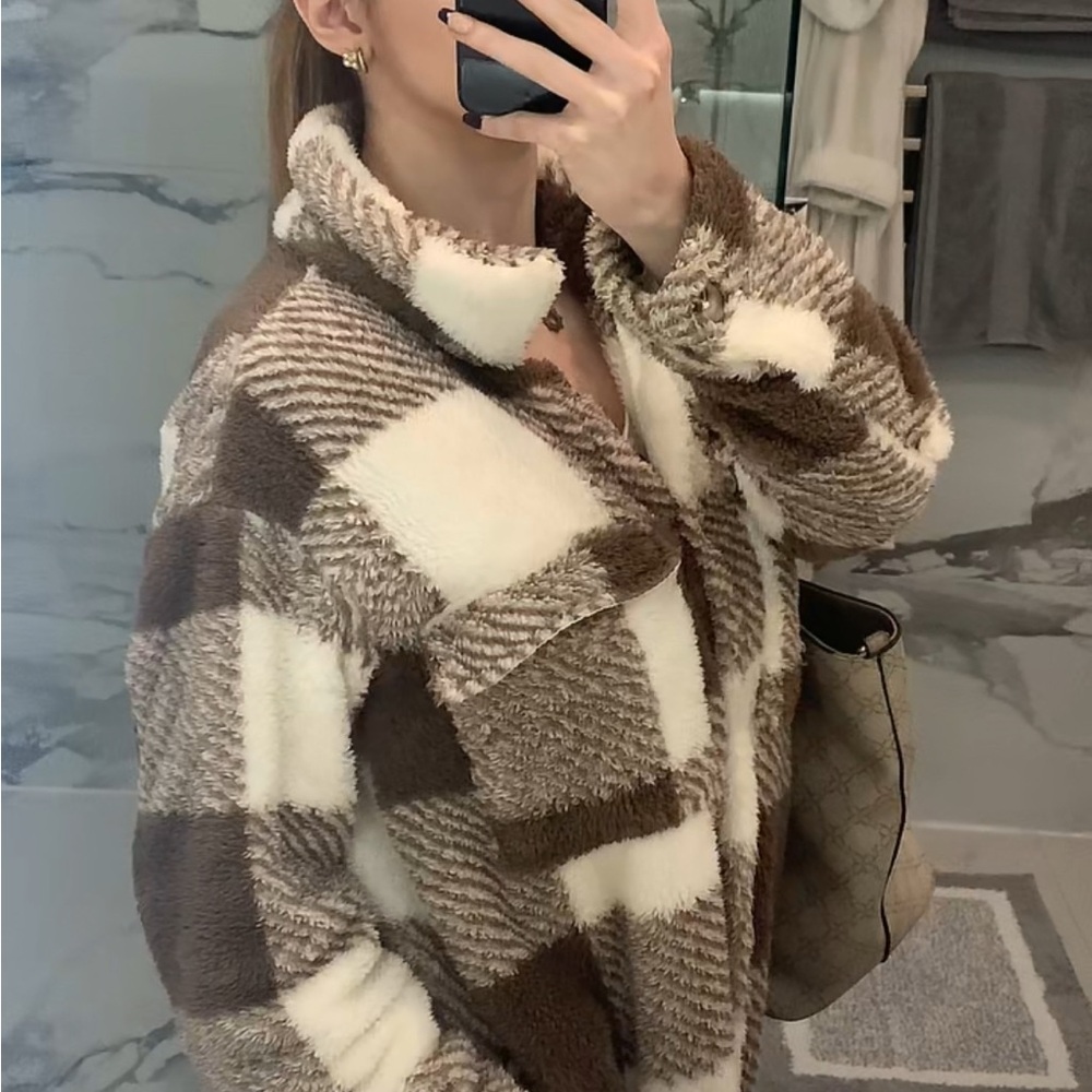 Cozy Brown and Cream Plaid Fluffy Jacket (SOLD ON DEPOP‼️)